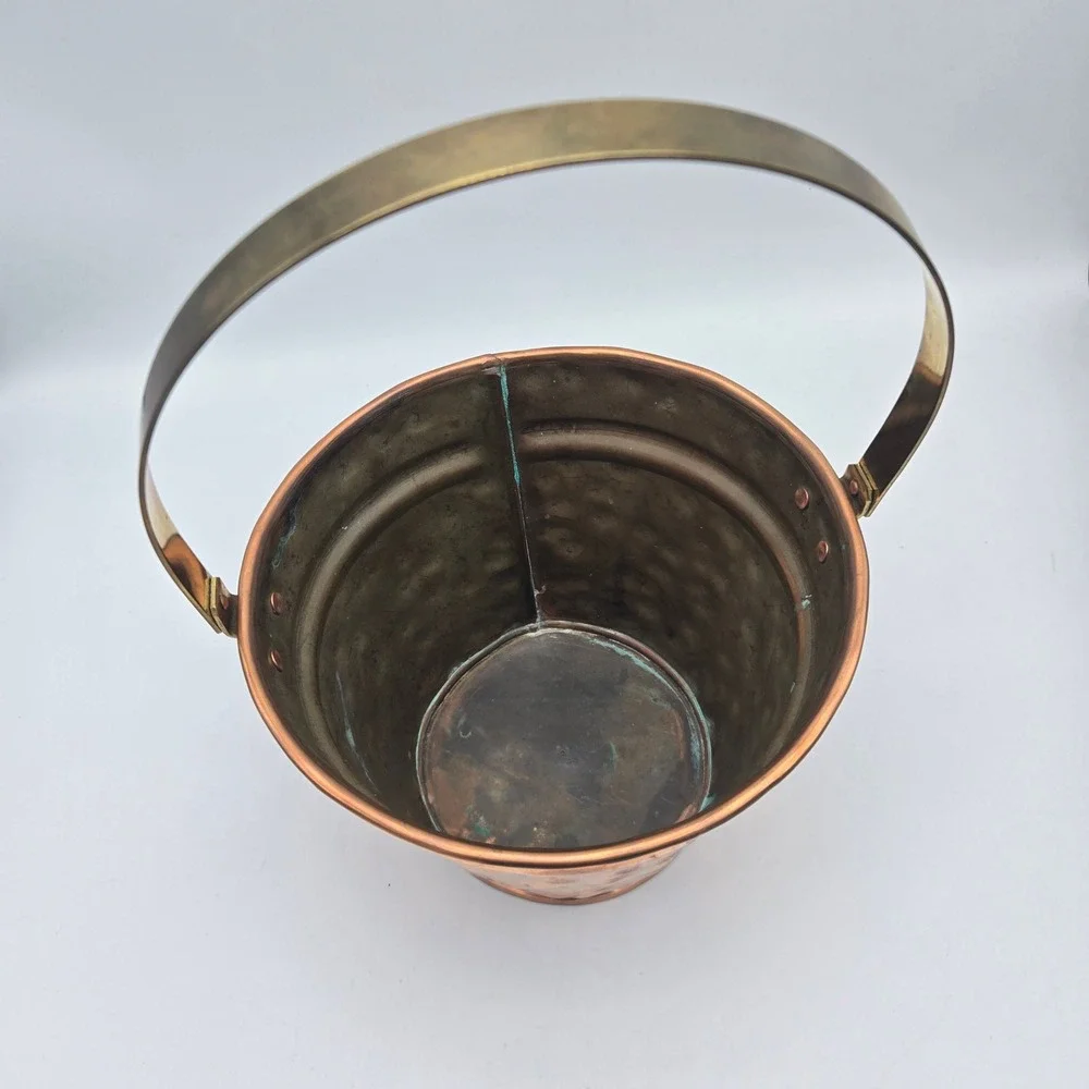 Vintage Artisan Made Hammered Copper Bucket Pail Brass Handle Signed CH 1991